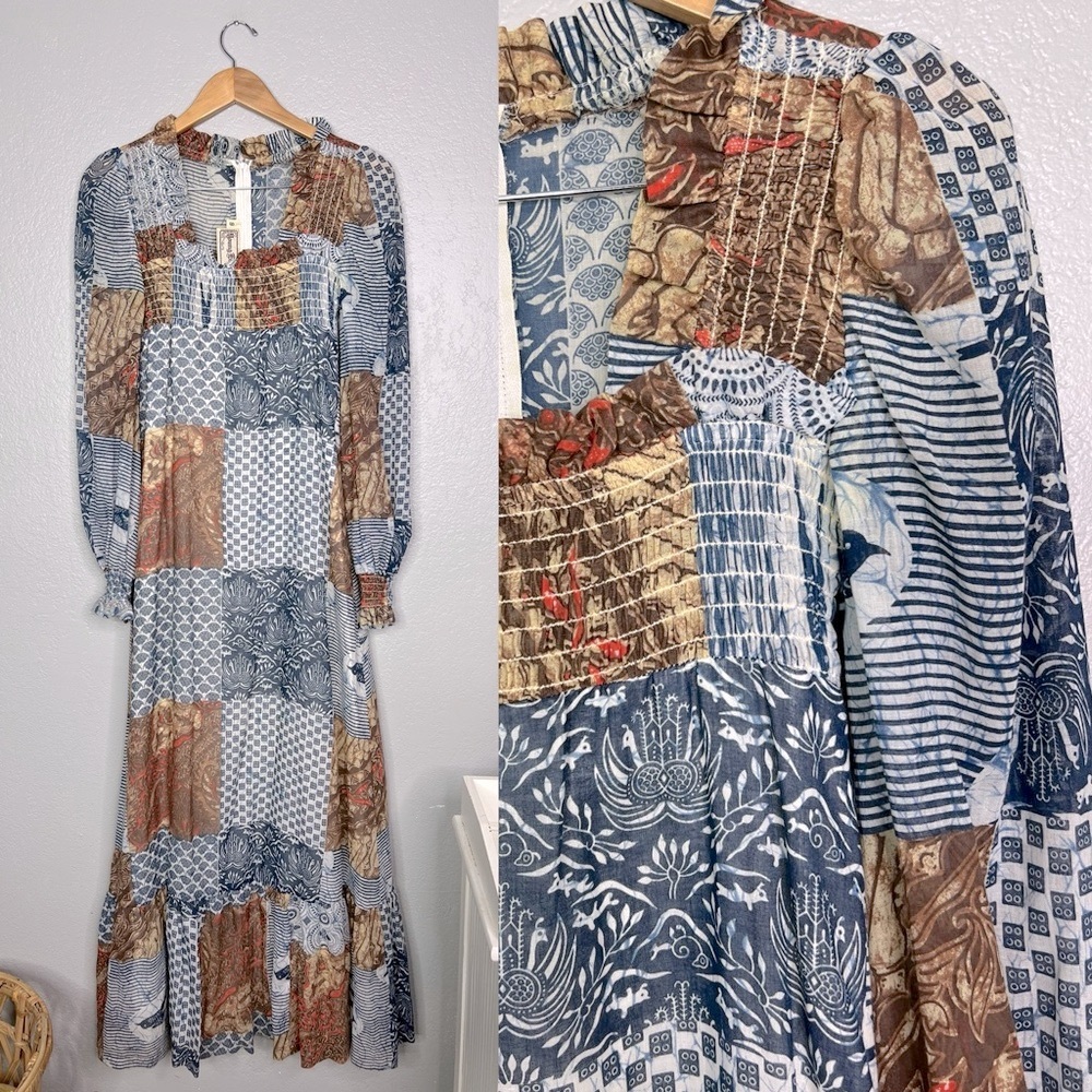 Vintage 70s Young Edwardian Dress Patchwork Print Blue Maxi Dress - Size 9 small
